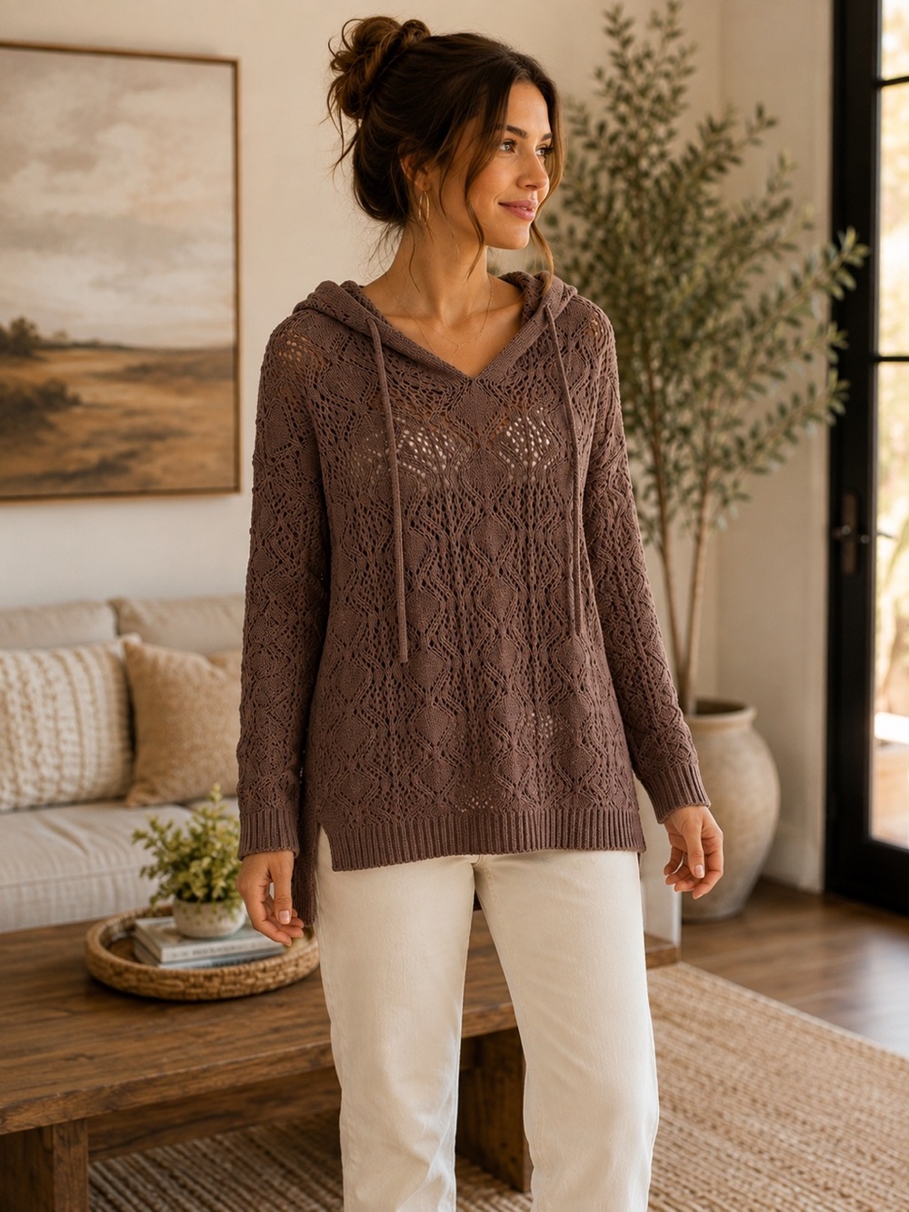 Nicole Miller Atelier Hooded Open Knit Sweater | XL | NWT Mocha Brown Hi-Low Hoo